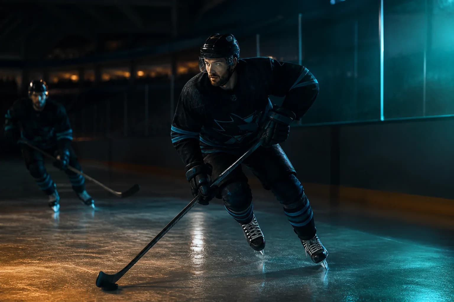 Ice hockey player in teal and gold light
