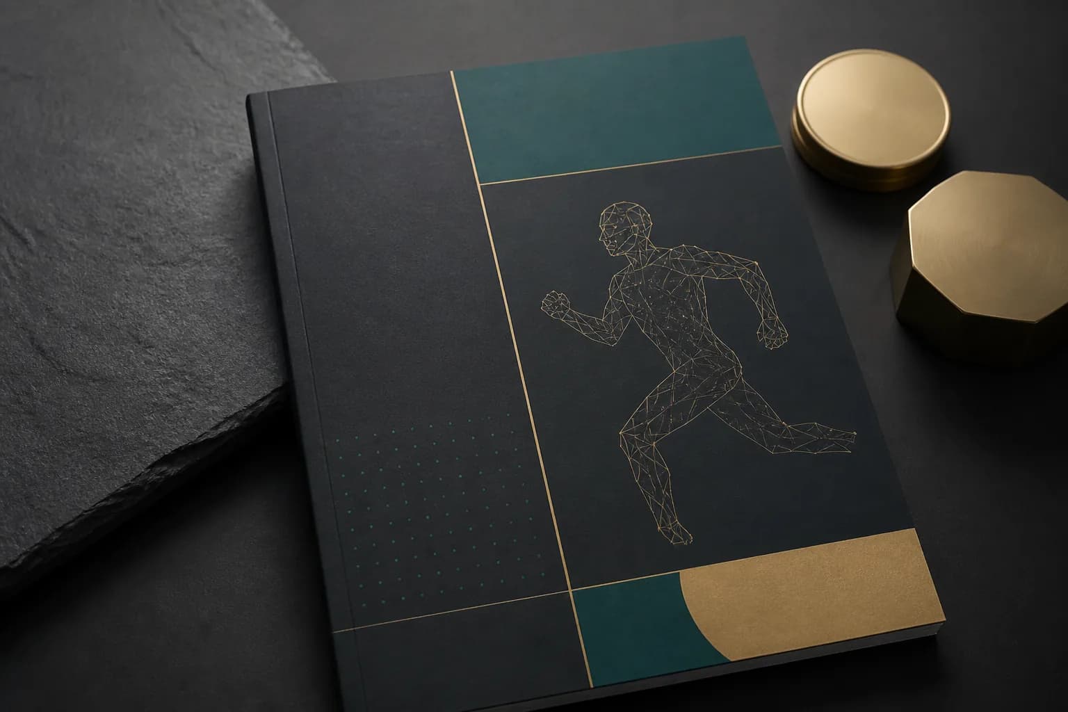 Geometric publication cover in teal and gold