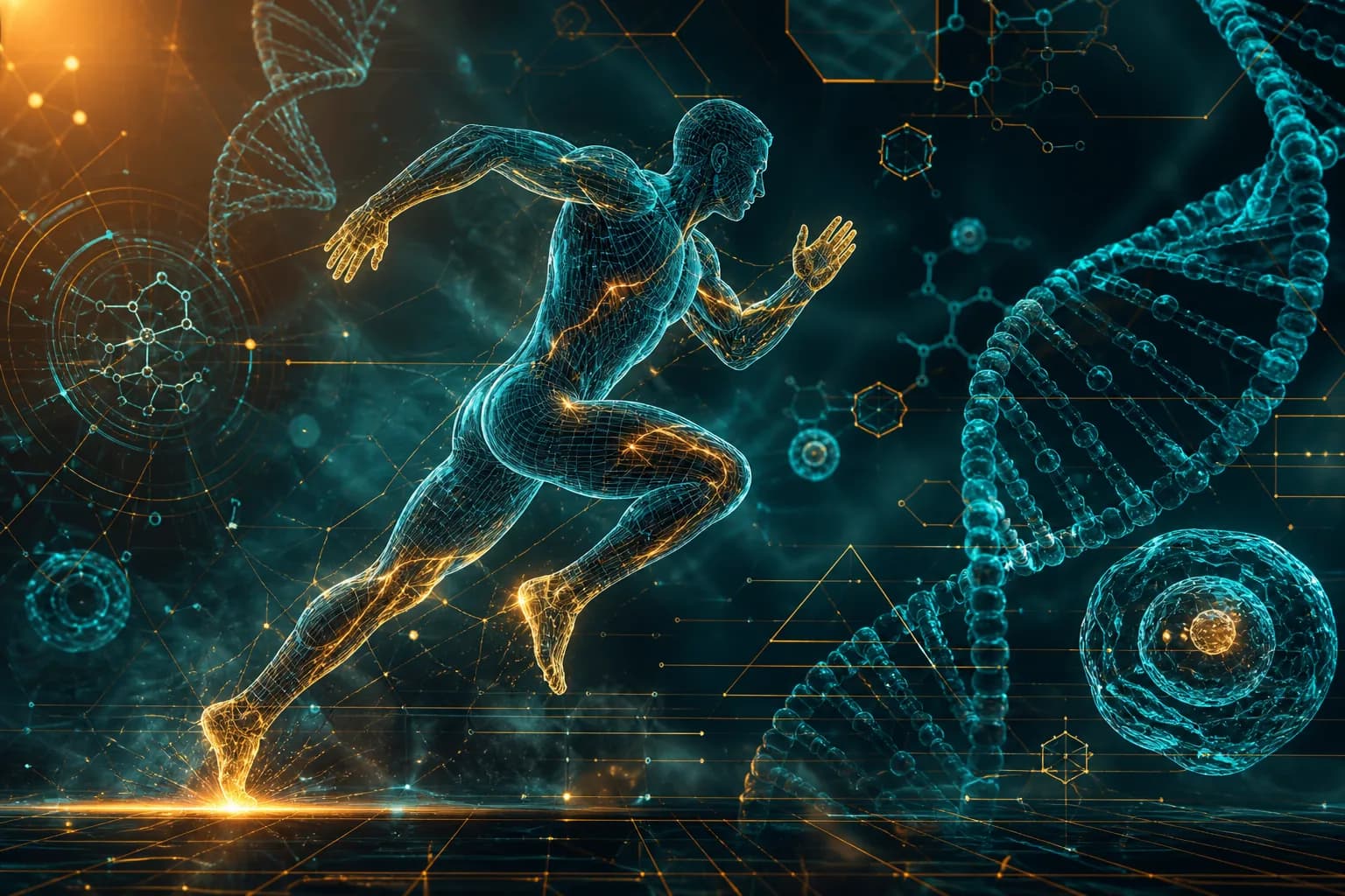 Wireframe runner moving through blue and gold light